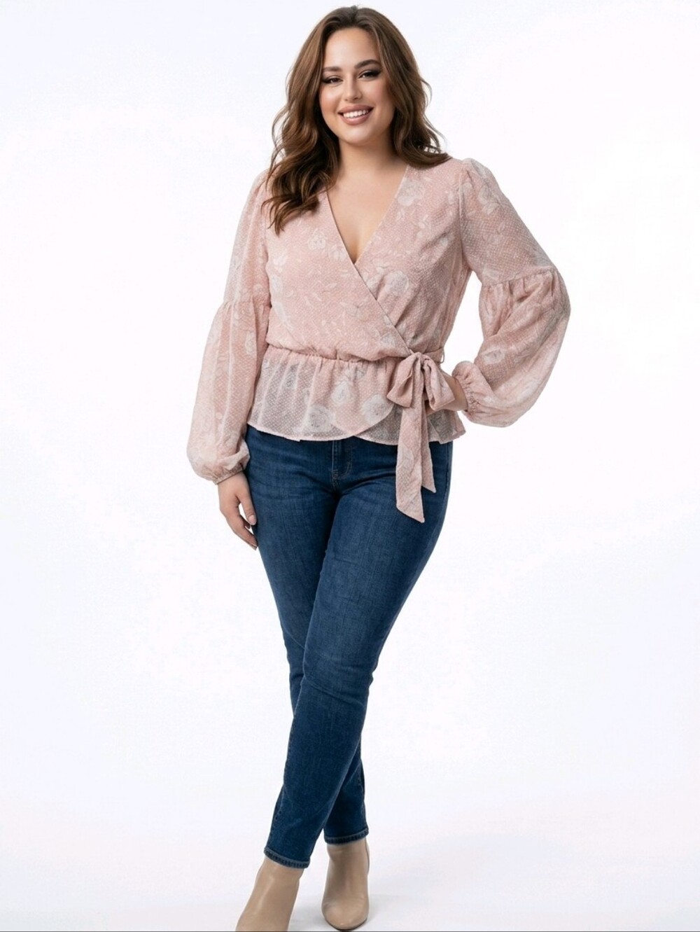 Express Floral Chiffon Babydoll Top L Pastel Balloon Sleeve Wrap Coquette Fairy